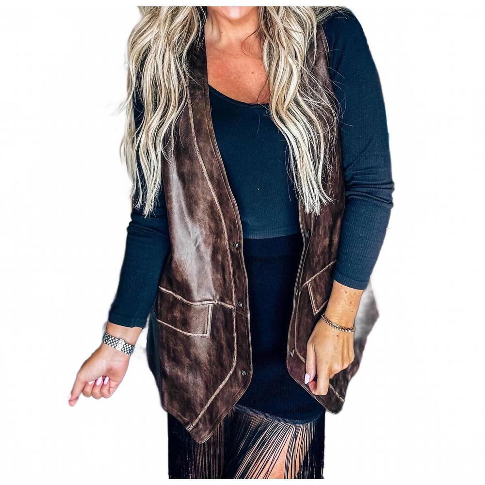 NEW PROMESA born to ride vegan leather snap front vest in brown